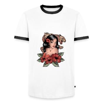 OldSchoolTattooGirlwithLeopard - Men's Ringer Shirt - white/black - Front - AI Model Female 172 light (172cm) & AI Model Male 178 dark (178cm)