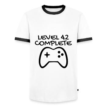 42nd Birthday - Gamer 42 - 42 Years Gift - Men's Ringer Shirt - white/black - Front - AI Model Female 172 light (172cm) & AI Model Male 178 dark (178cm)