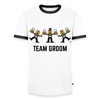 Team-Bräutigam (Junggesellenabschied, Karikatur, Tanz, 3C, B) - Männer Kontrast-T-Shirt - Weiß/Schwarz - Vorne - AI Model Female 172 light (172cm) & AI Model Male 178 dark (178cm)