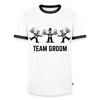 Team Groom (Stag Party / Caricature / Dance / 1C) - Men's Ringer Shirt - white/black - Front - AI Model Female 172 light (172cm) & AI Model Male 178 dark (178cm)