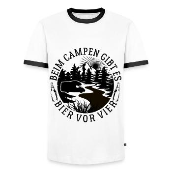 Beim Camping gibt es Bier vor vier - Spruch - Männer Kontrast-T-Shirt - Weiß/Schwarz - Vorne - AI Model Female 172 light (172cm) & AI Model Male 178 dark (178cm)