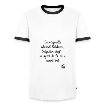 Marcel Patulacci, brigadier chef - Les Inconnus - T-shirt contrasté Homme - blanc/noir - Devant - AI Model Female 172 light (172cm) & AI Model Male 178 dark (178cm)