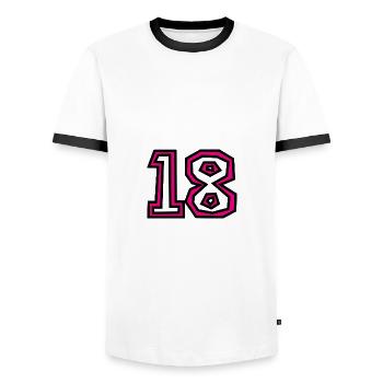 18. 18 JAHRE ALT. 18-JÄHRIGES JUBILÄUM. GEBURTSTAG 18 JAHRE. - Männer Kontrast-T-Shirt - Weiß/Schwarz - Vorne - AI Model Female 172 light (172cm) & AI Model Male 178 dark (178cm)