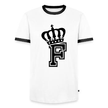 Buchstabe F - Männer Kontrast-T-Shirt - Weiß/Schwarz - Vorne - AI Model Female 172 light (172cm) & AI Model Male 178 dark (178cm)