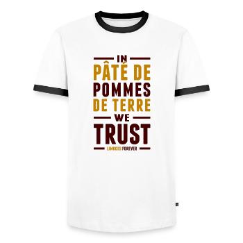 In pâté de pommes de terre we trust - T-shirt contrasté Homme - blanc/noir - Devant - AI Model Female 172 light (172cm) & AI Model Male 178 dark (178cm)