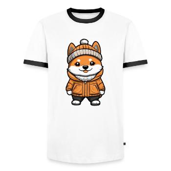 Akita Inu Dog Cartoon - Men's Ringer Shirt - white/black - Front - AI Model Female 172 light (172cm) & AI Model Male 178 dark (178cm)