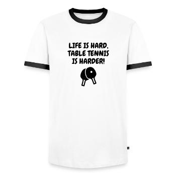 Table Tennis - Ping Pong - Sport - Racket - Ball - Men's Ringer Shirt - white/black - Front - AI Model Female 172 light (172cm) & AI Model Male 178 dark (178cm)