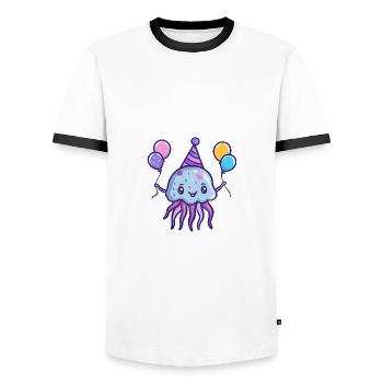 Jellyfish Birthday Comic - Men's Ringer Shirt - white/black - Front - AI Model Female 172 light (172cm) & AI Model Male 178 dark (178cm)
