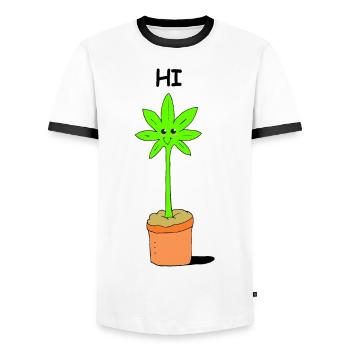 Cute Kawaii Weed Plant says Hi Illustration - Men's Ringer Shirt - white/black - Front - AI Model Female 172 light (172cm) & AI Model Male 178 dark (178cm)