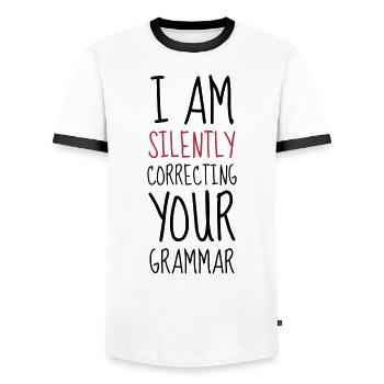 Grammar - Humor - Funny - Joke - Friend - Men's Ringer Shirt - white/black - Front - AI Model Female 172 light (172cm) & AI Model Male 178 dark (178cm)
