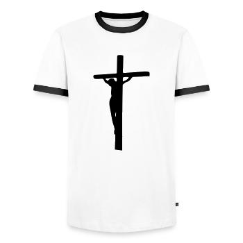 Croix Jésus - T-shirt contrasté Homme - blanc/noir - Devant - AI Model Female 172 light (172cm) & AI Model Male 178 dark (178cm)