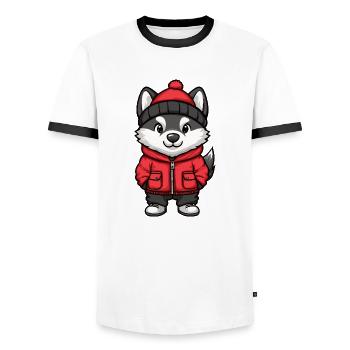 Husky Dog Cartoon - Men's Ringer Shirt - white/black - Front - AI Model Female 172 light (172cm) & AI Model Male 178 dark (178cm)