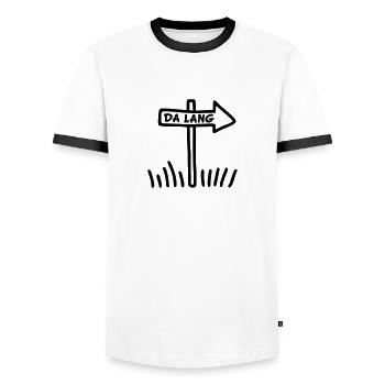 Da lang - rechts - Männer Kontrast-T-Shirt - Weiß/Schwarz - Vorne - AI Model Female 172 light (172cm) & AI Model Male 178 dark (178cm)