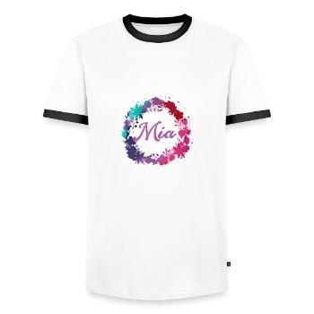 mia,flowers,flower wreath,floral,illustration - Men's Ringer Shirt - white/black - Front - AI Model Female 172 light (172cm) & AI Model Male 178 dark (178cm)