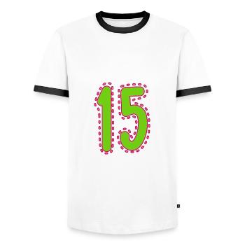 15. 15 YEARS. 15th ANNIVERSARY. 15 YEAR ANNIVERSARY. - Men's Ringer Shirt - white/black - Front - AI Model Female 172 light (172cm) & AI Model Male 178 dark (178cm)