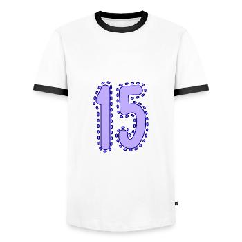 15. 15 YEARS. 15th ANNIVERSARY. 15 YEAR ANNIVERSARY. - Men's Ringer Shirt - white/black - Front - AI Model Female 172 light (172cm) & AI Model Male 178 dark (178cm)