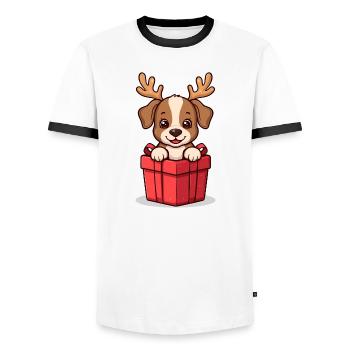 Surprise Pup – Dog in Christmas Gift - Men's Ringer Shirt - white/black - Front - AI Model Female 172 light (172cm) & AI Model Male 178 dark (178cm)