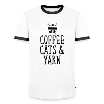 Coffee, Cats & Yarn - Männer Kontrast-T-Shirt - Weiß/Schwarz - Vorne - AI Model Female 172 light (172cm) & AI Model Male 178 dark (178cm)