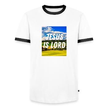 Jesus Is Lord - Christian Quote - Men's Ringer Shirt - white/black - Front - AI Model Female 172 light (172cm) & AI Model Male 178 dark (178cm)