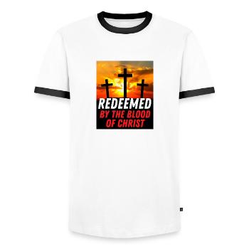 Erlöst durch das Blut Christi - Christliches Zitat - Männer Kontrast-T-Shirt - Weiß/Schwarz - Vorne - AI Model Female 172 light (172cm) & AI Model Male 178 dark (178cm)