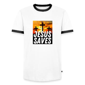Jesus rettet - Christliches Zitat - Männer Kontrast-T-Shirt - Weiß/Schwarz - Vorne - AI Model Female 172 light (172cm) & AI Model Male 178 dark (178cm)