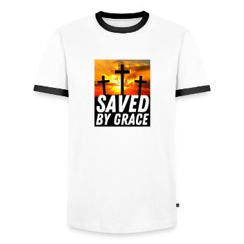 Saved By Grace - Christian Quote - Men's Ringer Shirt - white/black - Front - AI Model Female 172 light (172cm) & AI Model Male 178 dark (178cm)
