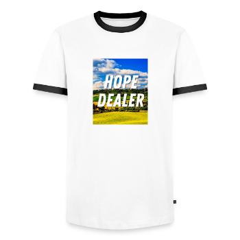 Hope Dealer - Christian Quote - Men's Ringer Shirt - white/black - Front - AI Model Female 172 light (172cm) & AI Model Male 178 dark (178cm)