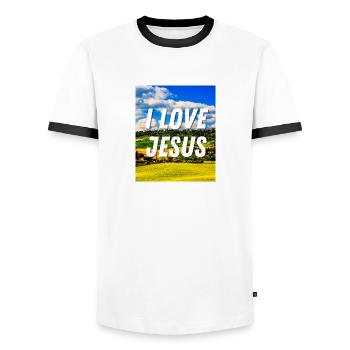J’aime Jésus - Citation chrétienne - T-shirt contrasté Homme - blanc/noir - Devant - AI Model Female 172 light (172cm) & AI Model Male 178 dark (178cm)