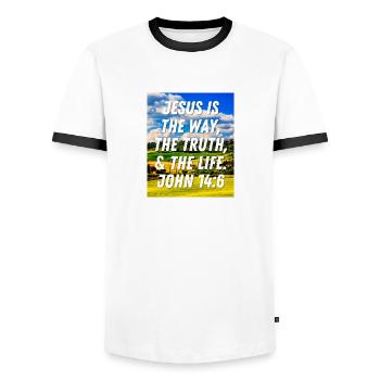 Jean 14:6 Jésus est le chemin de la vérité et de la vie - T-shirt contrasté Homme - blanc/noir - Devant - AI Model Female 172 light (172cm) & AI Model Male 178 dark (178cm)