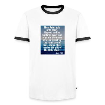 Acts 2:38 Repent And Be Baptized - Christian Quote - Men's Ringer Shirt - white/black - Front - AI Model Female 172 light (172cm) & AI Model Male 178 dark (178cm)