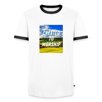 Created To Worship - Christian Quote - Men's Ringer Shirt - white/black - Front - AI Model Female 172 light (172cm) & AI Model Male 178 dark (178cm)
