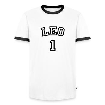 Zodiac Line "Trikot-Style" - Leo - Männer Kontrast-T-Shirt - Weiß/Schwarz - Vorne - AI Model Female 172 light (172cm) & AI Model Male 178 dark (178cm)