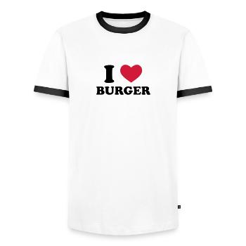 I Love Burger - Men's Ringer Shirt - white/black - Front - AI Model Female 172 light (172cm) & AI Model Male 178 dark (178cm)