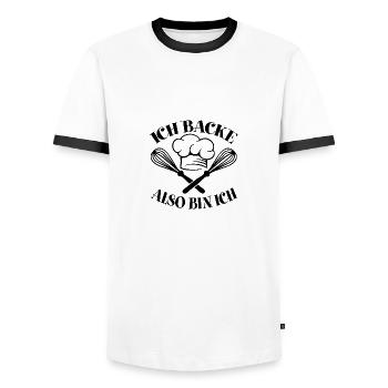 Ich backe also bin ich - lustiger Bäckerspruch - Männer Kontrast-T-Shirt - Weiß/Schwarz - Vorne - AI Model Female 172 light (172cm) & AI Model Male 178 dark (178cm)