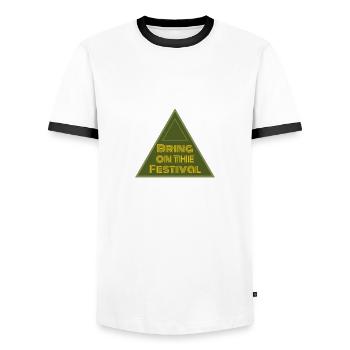 IMG 0043 Bring on the festival - Men's Ringer Shirt - white/black - Front - AI Model Female 172 light (172cm) & AI Model Male 178 dark (178cm)