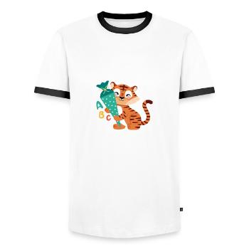 Tiger mit Schultüte zur Einschulung - Männer Kontrast-T-Shirt - Weiß/Schwarz - Vorne - AI Model Female 172 light (172cm) & AI Model Male 178 dark (178cm)