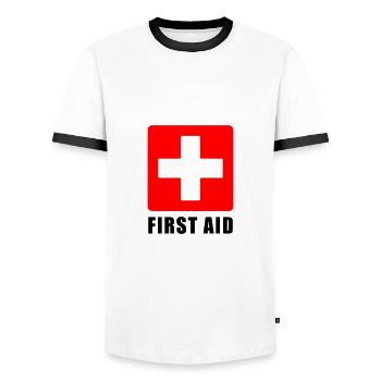 FIRST AID - Men's Ringer Shirt - white/black - Front - AI Model Female 172 light (172cm) & AI Model Male 178 dark (178cm)