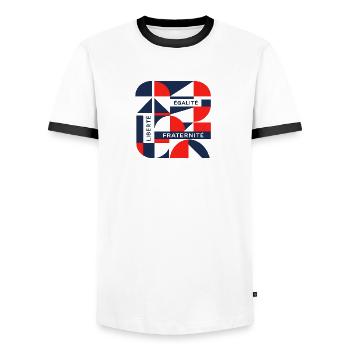 Liberte Egalite Fraternite Geometric French Art - Men's Ringer Shirt - white/black - Front - AI Model Female 172 light (172cm) & AI Model Male 178 dark (178cm)