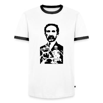 him_1clr_02 - Men's Ringer Shirt - white/black - Front - AI Model Female 172 light (172cm) & AI Model Male 178 dark (178cm)