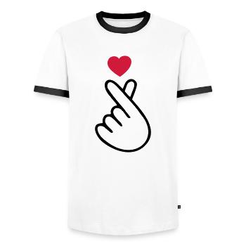 ♥I Love You-Cute Korean Finger Heart Sign♥ - Men's Ringer Shirt - white/black - Front - AI Model Female 172 light (172cm) & AI Model Male 178 dark (178cm)