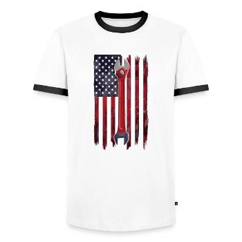 Rat Rod USA Flag Car Builder Mechanic - Men's Ringer Shirt - white/black - Front - AI Model Female 172 light (172cm) & AI Model Male 178 dark (178cm)