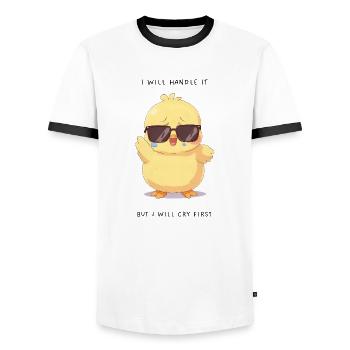 I Will Handle It – Crying Chick with Glasses - Men's Ringer Shirt - white/black - Front - AI Model Female 172 light (172cm) & AI Model Male 178 dark (178cm)