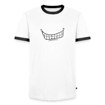 Grinning Evil Horror Mouth Smile Comic Teeth - Men's Ringer Shirt - white/black - Front - AI Model Female 172 light (172cm) & AI Model Male 178 dark (178cm)