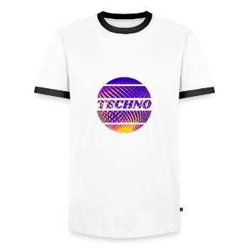 Musique techno, Raver Design - T-shirt contrasté Homme - blanc/noir - Devant - AI Model Female 172 light (172cm) & AI Model Male 178 dark (178cm)