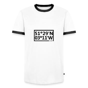 Cardiff Koordinaten - Männer Kontrast-T-Shirt - Weiß/Schwarz - Vorne - AI Model Female 172 light (172cm) & AI Model Male 178 dark (178cm)