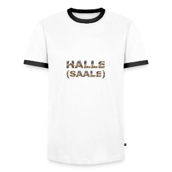 Halle (Saale) Hund - Männer Kontrast-T-Shirt - Weiß/Schwarz - Vorne - AI Model Female 172 light (172cm) & AI Model Male 178 dark (178cm)