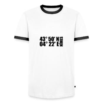 Nîmes coordinates - Men's Ringer Shirt - white/black - Front - AI Model Female 172 light (172cm) & AI Model Male 178 dark (178cm)