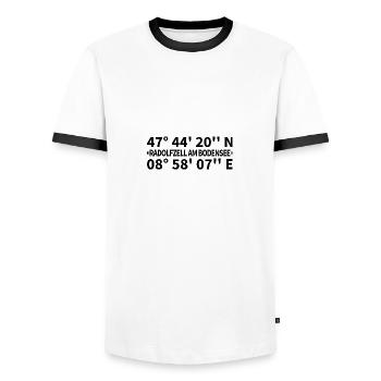 Radolfzell am Bodensee Koordinaten - Männer Kontrast-T-Shirt - Weiß/Schwarz - Vorne - AI Model Female 172 light (172cm) & AI Model Male 178 dark (178cm)