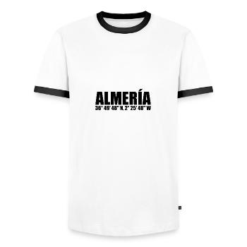 Almería Koordinaten - Männer Kontrast-T-Shirt - Weiß/Schwarz - Vorne - AI Model Female 172 light (172cm) & AI Model Male 178 dark (178cm)