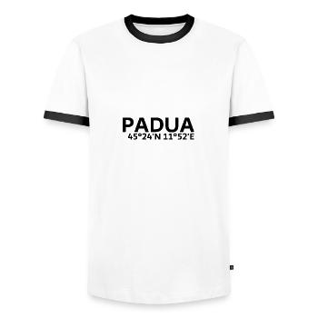 Padua Koordinaten - Männer Kontrast-T-Shirt - Weiß/Schwarz - Vorne - AI Model Female 172 light (172cm) & AI Model Male 178 dark (178cm)